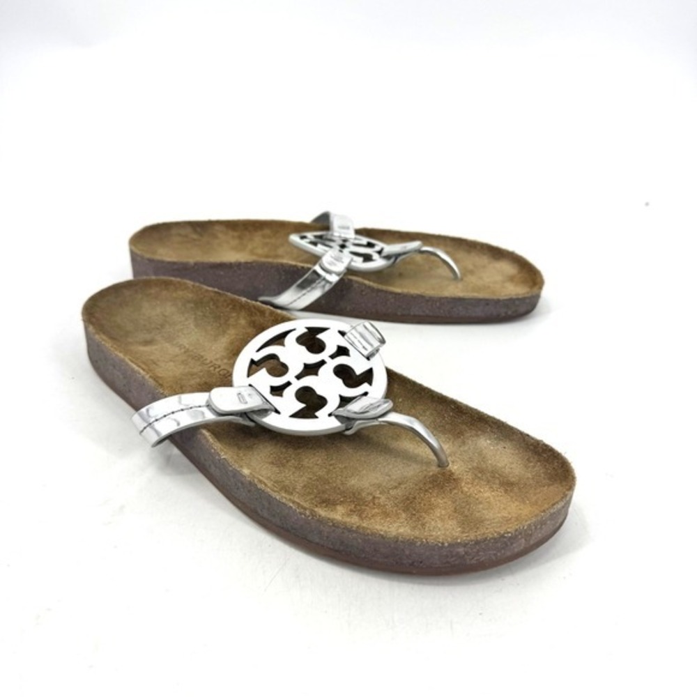 Tory Burch Miller Cloud Metallic Silver Logo Thong Sandals Womens 9.5